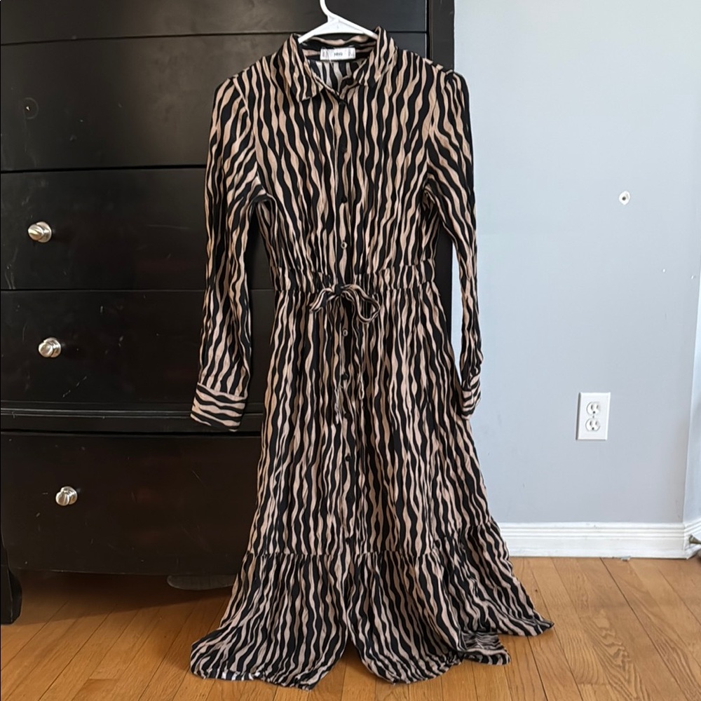 Mango Zebra Print Long Sleeve Pleated Shirt Dress